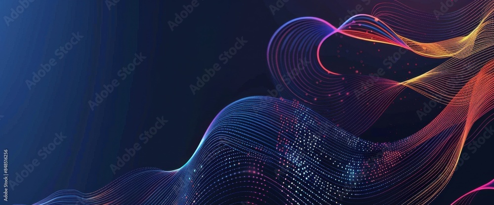 Poster big data visualization, abstract background with lines and dots in retro colors a dark blue banner f