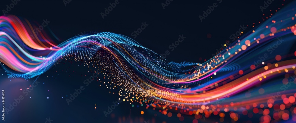 Poster a modern, abstract digital art piece featuring two curved lines with multiple color streaks and dots