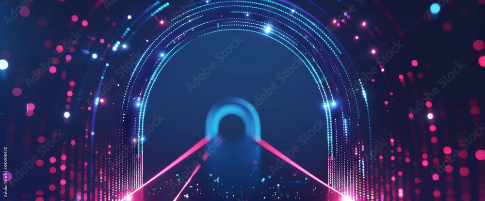 Poster wo abstract, geometric lines forming the shape of an archway with glowing dots on each line generati