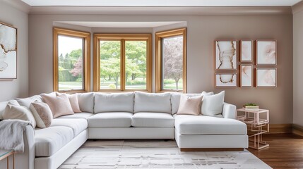 Fototapeta premium A chic living room featuring taupe walls, a sleek white sectional, a sizable bay window with a wooden frame, and a display of rose gold frames containing abstract paintings on the sofa side wall