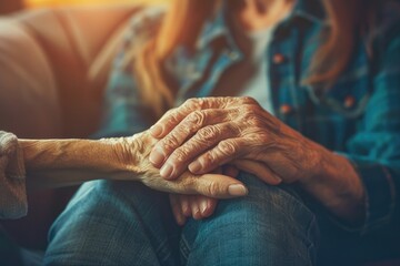 Young woman holding hands with old person, helping and comforting the elderly at home. Concept of care for multiple generations, real photo.