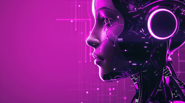Futuristic Female Robot in Neon Light.  Artificial Intelligence, cybernetics, robotics, innovation and future concepts.