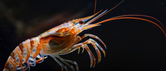 Shrimp, isolated against a black background, highlighting its vibrant appearance and culinary desirability as a seafood favorite