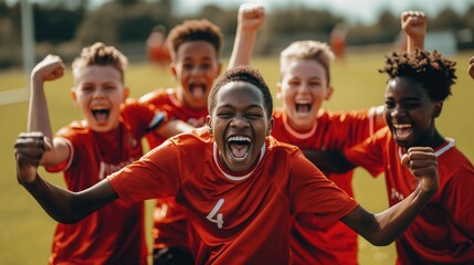 Excited Youth Soccer Team Celebrating Victory on the Field with Joyful Expressions and Raised Arms in Red Jerseys