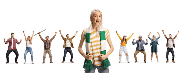 Group of happy young and older people cheering