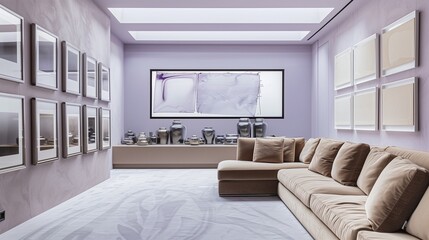 Fototapeta premium A refined living room adorned with soft lavender walls, a beige suede sofa, a large rectangular window with a black frame, and an assortment of silver frames