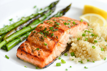 Grilled salmon with asparagus, quinoa, and lemon is a healthy meal choice for lunch or dinner. Healthy eating