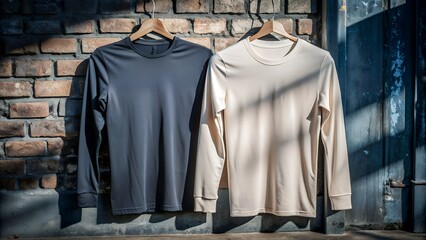 two gorgeous color of white   full sleeve hanging  t shirts front view in old blur wall background