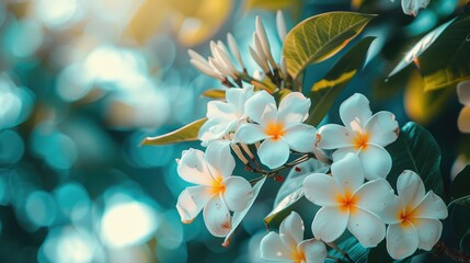 Close up of white tropical flowers on a tree branch