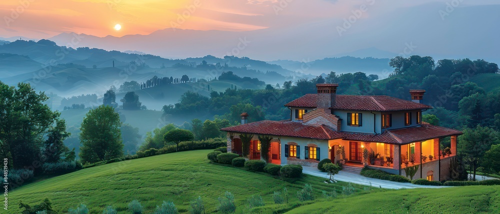 Wall mural village with wooden cottages and alpine scenery, blending into the natural beauty of the countryside