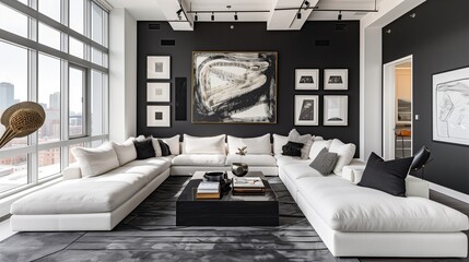 A spacious modern living room with charcoal black accent walls, a comfortable white sectional sofa, a large floor-to-ceiling window, and an array of black frames housing abstract black and white