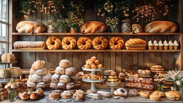 Bakery showcase with delicious fresh pastries, buns, bread, long loaf and cakes. Perarni or coffee shop counter with appetizing goods laid out