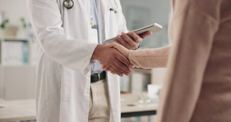 Shaking hands, healthcare and patient with doctor in consultation for thank you, welcome or greeting. Trust, checkup and medical worker with handshake for support of diagnosis with woman in clinic.