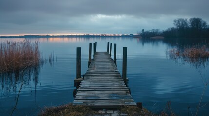 Naklejka premium Lake landscape with wooden pier in soft light after sunset