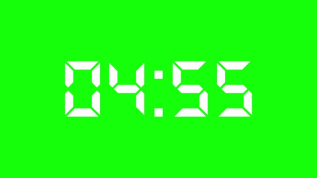 4K countdown animation, 5 minutes displays a timer counting down minutes and seconds, Green Background