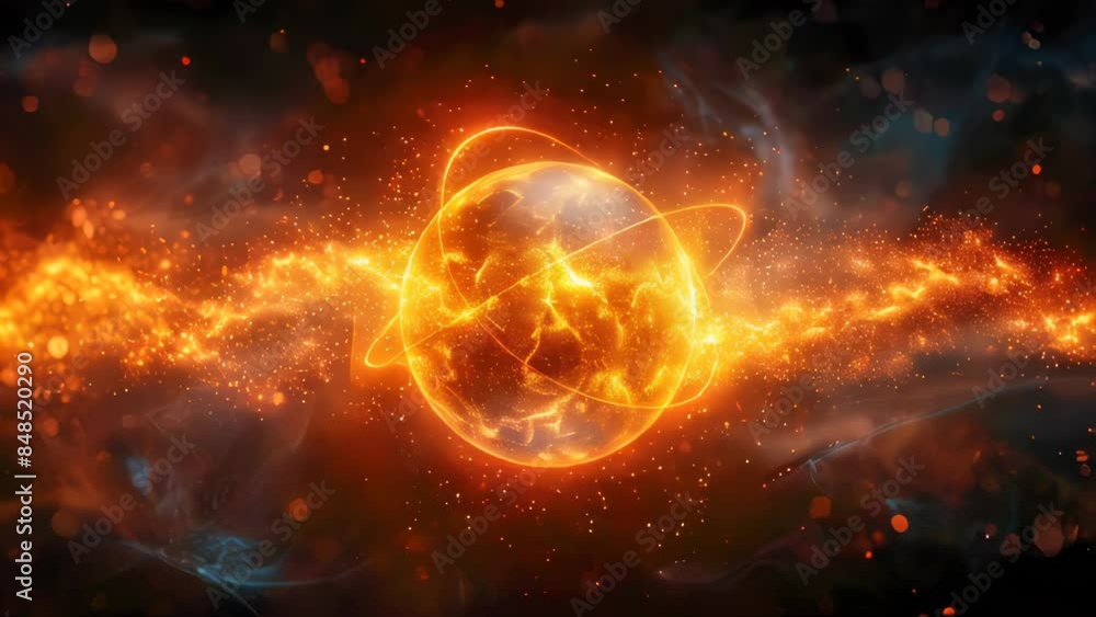Poster an abstract sphere with lines and particles with lightning inside on dark background