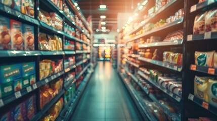 Beautiful woman taking food in supermarket. blurred style