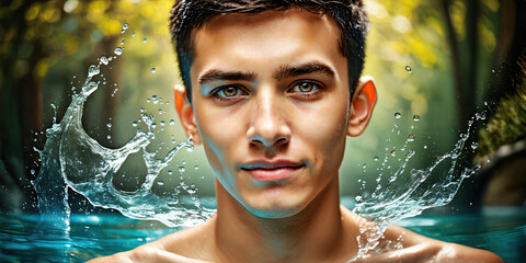 Fototapeta premium Young teen male skin care. Portrait sleek water splash. Refreshing ability to clean and revitalize. 