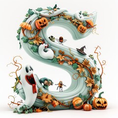 Halloween letter S with pumpkins and ghost. Autumn Halloween letter S with pumpkins.