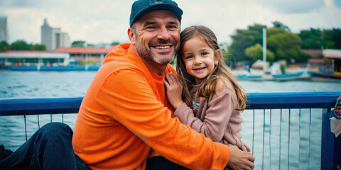 Father and daughter portrait at the pier docks. Happy and hugging. Clean and minimal clear portrait.