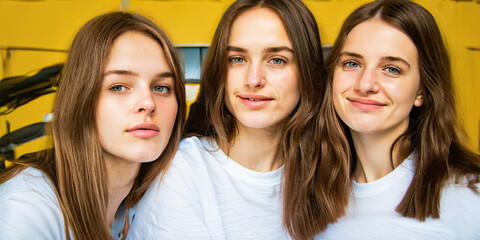 Group of teen girls friends selfie portrait. Yellow background clean and minimal.