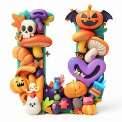 Obraz premium Halloween letter U with pumpkins and ghost. Autumn Halloween letter U with pumpkins. 