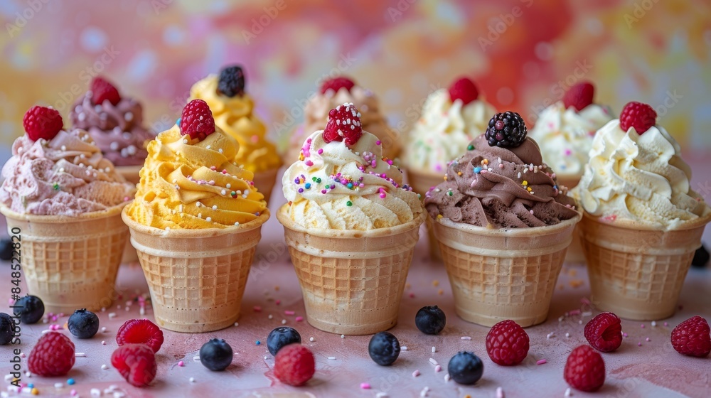 Poster an arrangement of soft serve ice cream cones with various toppings and berries, set against a colorf