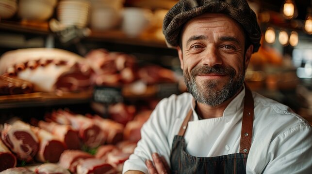 A friendly male butcher with a warm smile standing in his meat shop