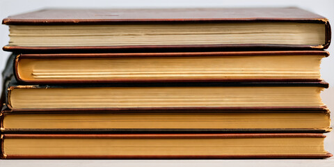 Stacked old books. Yellow page texture of antique books. Hardcover close up.