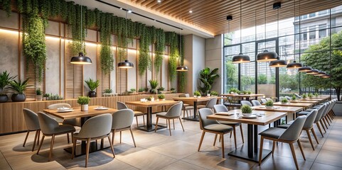 Fototapeta premium Modern Minimalist Restaurant Interior with Wooden Furnishings and Greenery