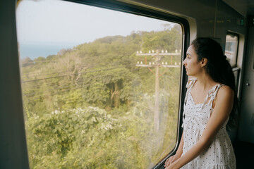 tourist girl inside train looking the view 