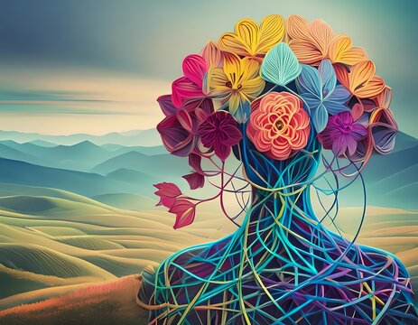 Mental Health Head and flowerr garden on it. Concept illustration.  generative AI image