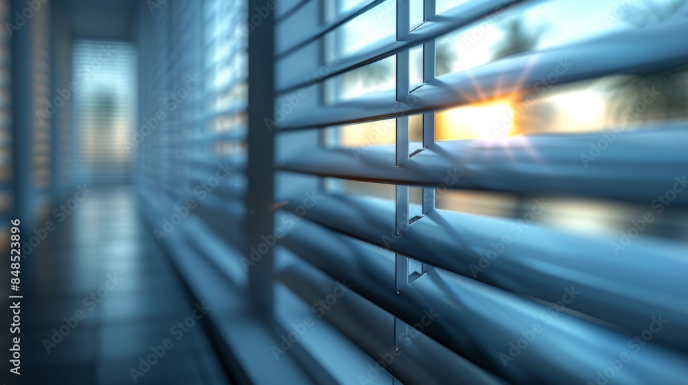 Poster a close-up view of window blinds with a glimpse of the setting sun casting a warm glow