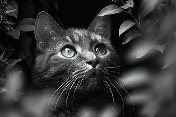 Black and white close-up portrait of a cat surrounded by leaves, highlighting its expressive eyes and whiskers. Perfect for pet lovers, feline-themed designs, and artistic photography projects.