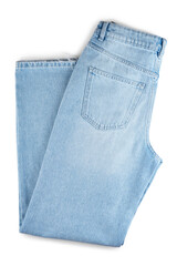 Denim blue jean, folded blue jeans pants back side with pocket isolated on white, transparent...
