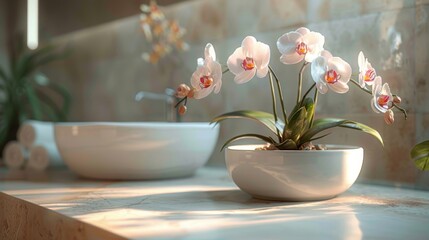 Morning light illuminates a delicate orchid in a contemporary bathroom suggesting a peaceful start to the day