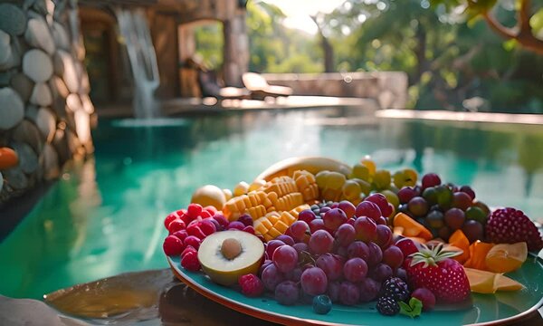 Fresh fruit platter by the pool 4K Video