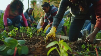 A diverse group planting trees in a community garden.