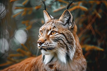 Obraz premium Close-up portrait of beautiful eurasian lynx in the forest 