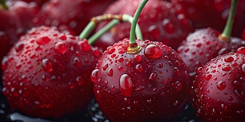 Macro shot of dark red cherries with droplets of water covering their glossy surfaces.
