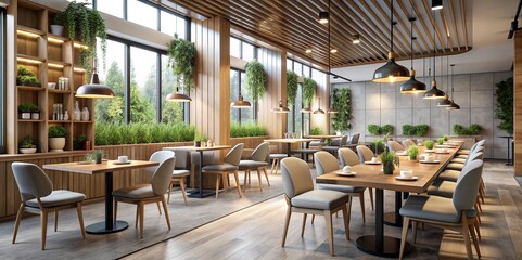 Fototapeta premium Modern Minimalist Restaurant Interior with Wooden Furnishings and Greenery