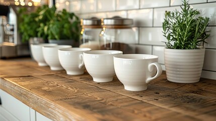 Five white ceramic cups are perfectly lined up on a polished wooden countertop in a modern kitchen with potted plants