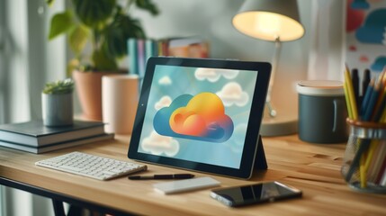 Cozy Workspace Featuring a Tablet with Cloud Graphics and Desk Accessories in Natural Light