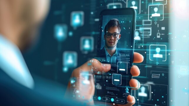 Online recruitment application and one day specialist online search service concept with man smartphone in man hand and virtual digital interface with profile cards contain rating and candidate photo