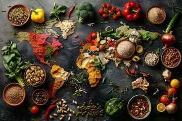 Tableau sur plexiglas Cuisine Diverse range of global cuisines. Top view of world map made of food ingredients and vegetables.  © vachom