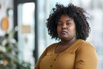 Fototapeta premium A young African woman with curly black hair stands in front of a window, wearing a casual mustard yellow sweater