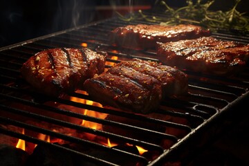 Juicy steaks richly seasoned with herbs are grilling over flaming charcoals, emitting appetizing smoke and flames.
