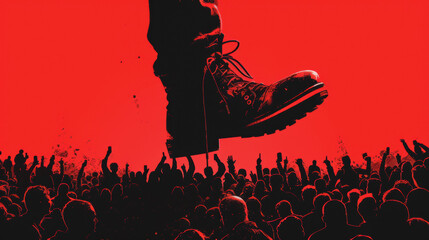 Dominance and Oppression: giant boot crushing silhouetted crowd against a stark red background.