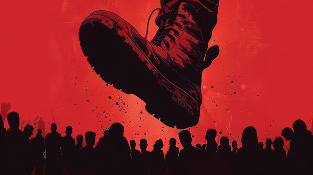 Dominance and Oppression: giant boot crushing silhouetted crowd against a stark red background.