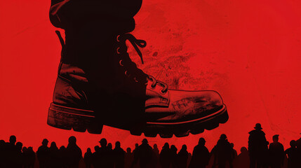 Dominance and Oppression: giant boot crushing silhouetted crowd against a stark red background.